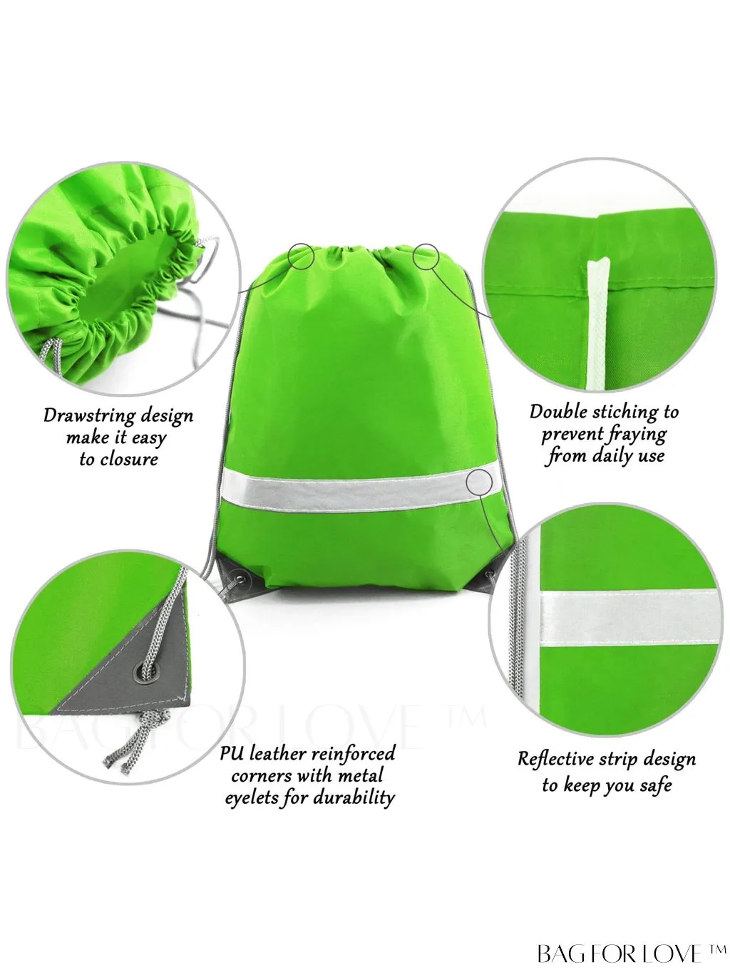BagForLove - BeeGreen Large Drawstring Backpack, 20-Pack, Reflective Strip, Ideal for Gym, Sports, and Travel