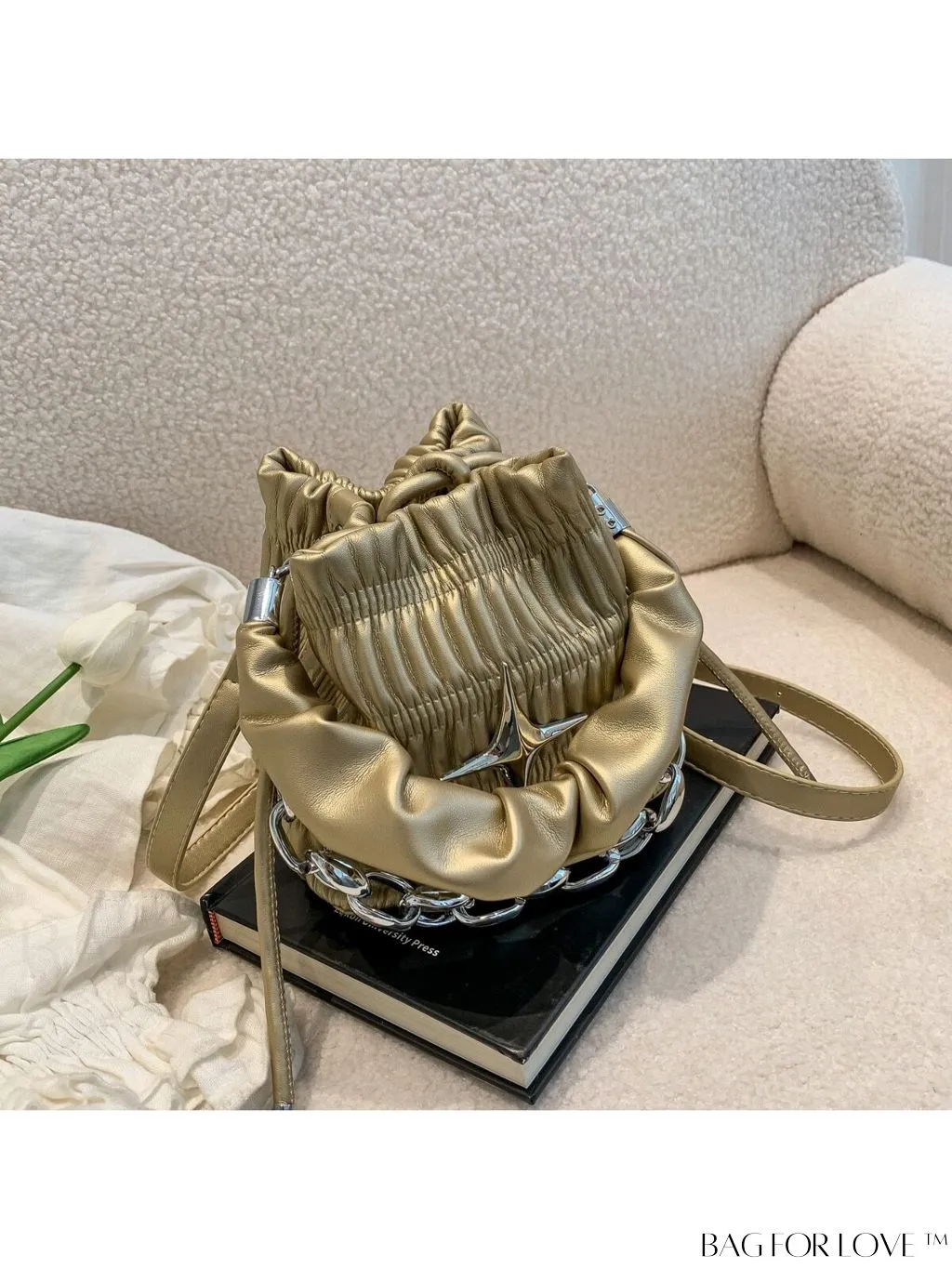 BagForLove - Chic and Sleek Golden Bucket Bag with Pleats, Drawstring, and Metallic Decor Chain