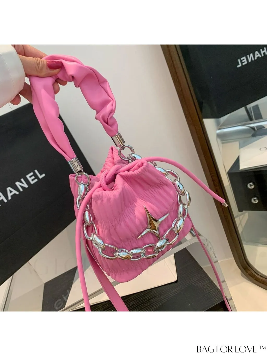BagForLove - Chic and Sleek Golden Bucket Bag with Pleats, Drawstring, and Metallic Decor Chain