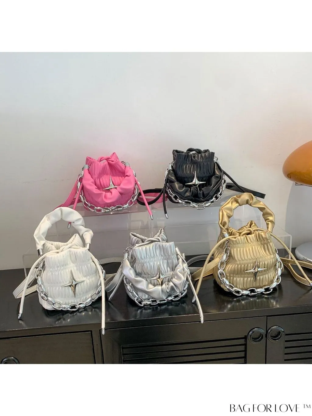 BagForLove - Chic and Sleek Golden Bucket Bag with Pleats, Drawstring, and Metallic Decor Chain