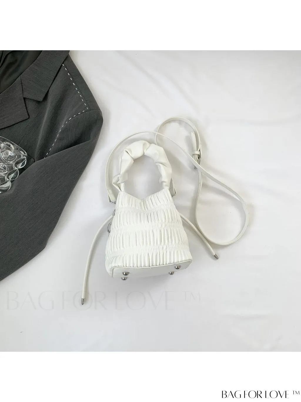 BagForLove - Chic and Sleek Golden Bucket Bag with Pleats, Drawstring, and Metallic Decor Chain