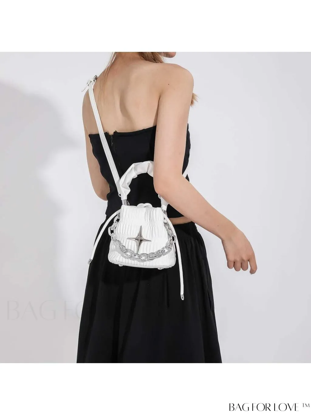 BagForLove - Chic and Sleek Golden Bucket Bag with Pleats, Drawstring, and Metallic Decor Chain