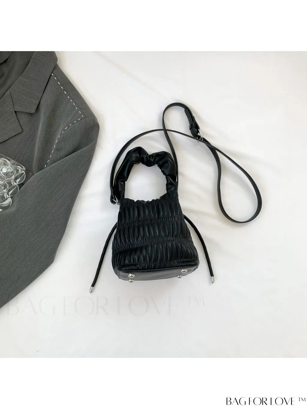 BagForLove - Chic and Sleek Golden Bucket Bag with Pleats, Drawstring, and Metallic Decor Chain