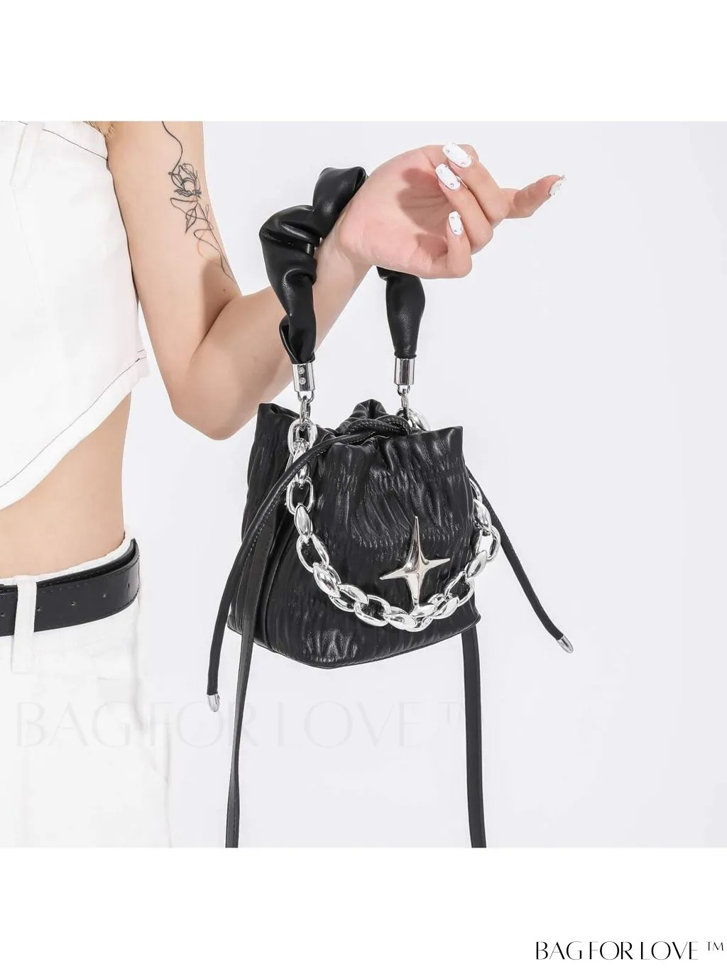 BagForLove - Chic and Sleek Golden Bucket Bag with Pleats, Drawstring, and Metallic Decor Chain