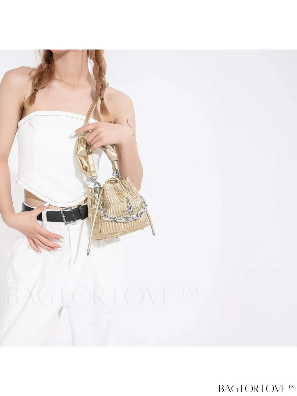 BagForLove - Chic and Sleek Golden Bucket Bag with Pleats, Drawstring, and Metallic Decor Chain