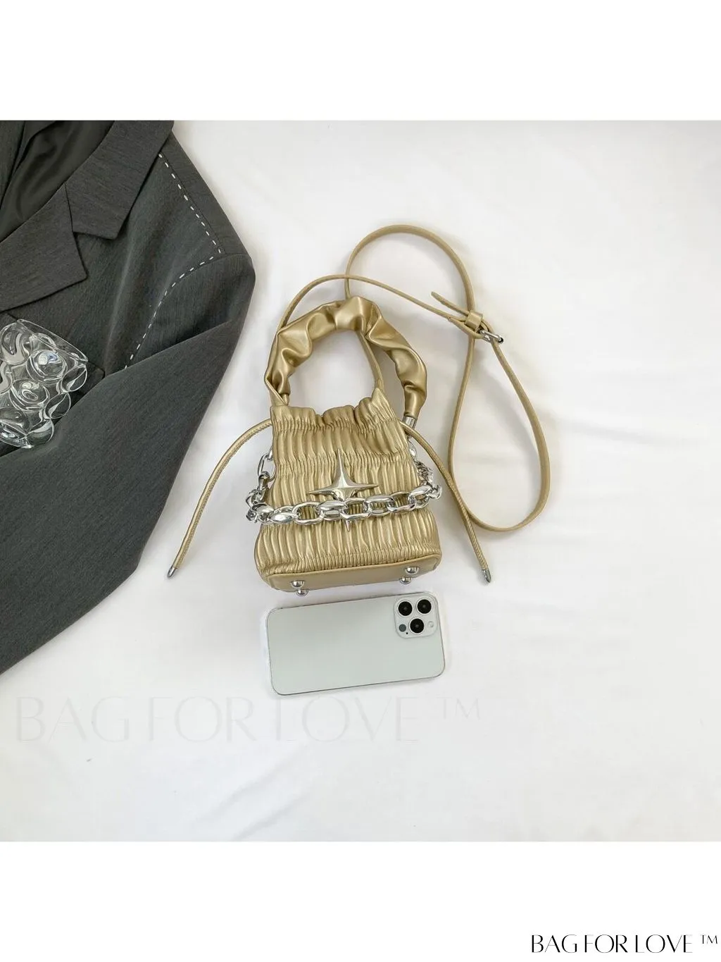 BagForLove - Chic and Sleek Golden Bucket Bag with Pleats, Drawstring, and Metallic Decor Chain