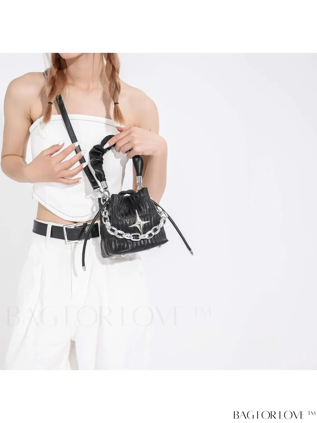BagForLove - Chic and Sleek Golden Bucket Bag with Pleats, Drawstring, and Metallic Decor Chain