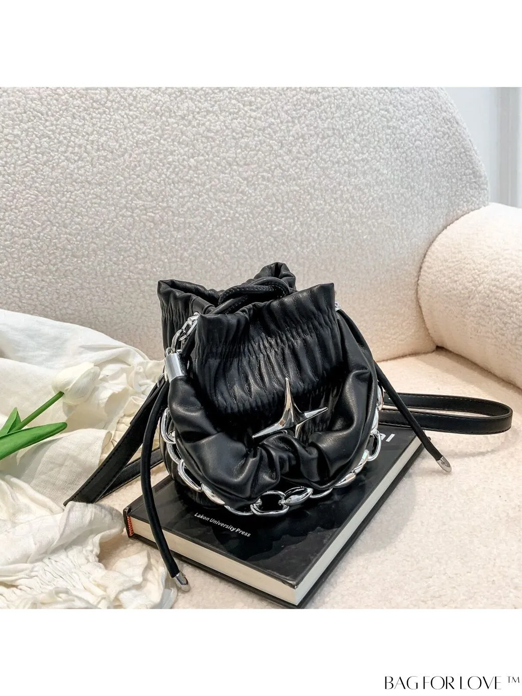BagForLove - Chic and Sleek Golden Bucket Bag with Pleats, Drawstring, and Metallic Decor Chain