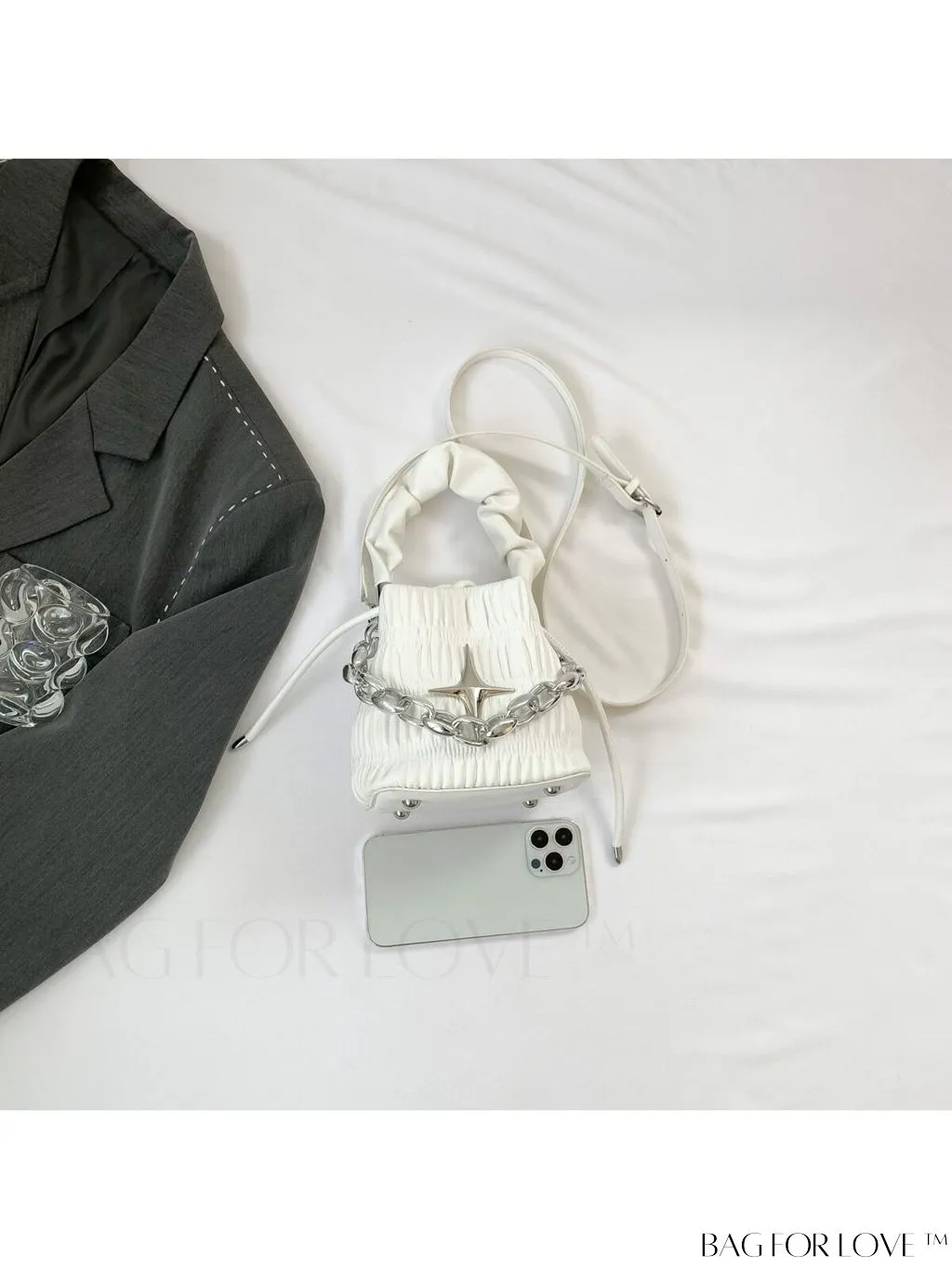BagForLove - Chic and Sleek Golden Bucket Bag with Pleats, Drawstring, and Metallic Decor Chain