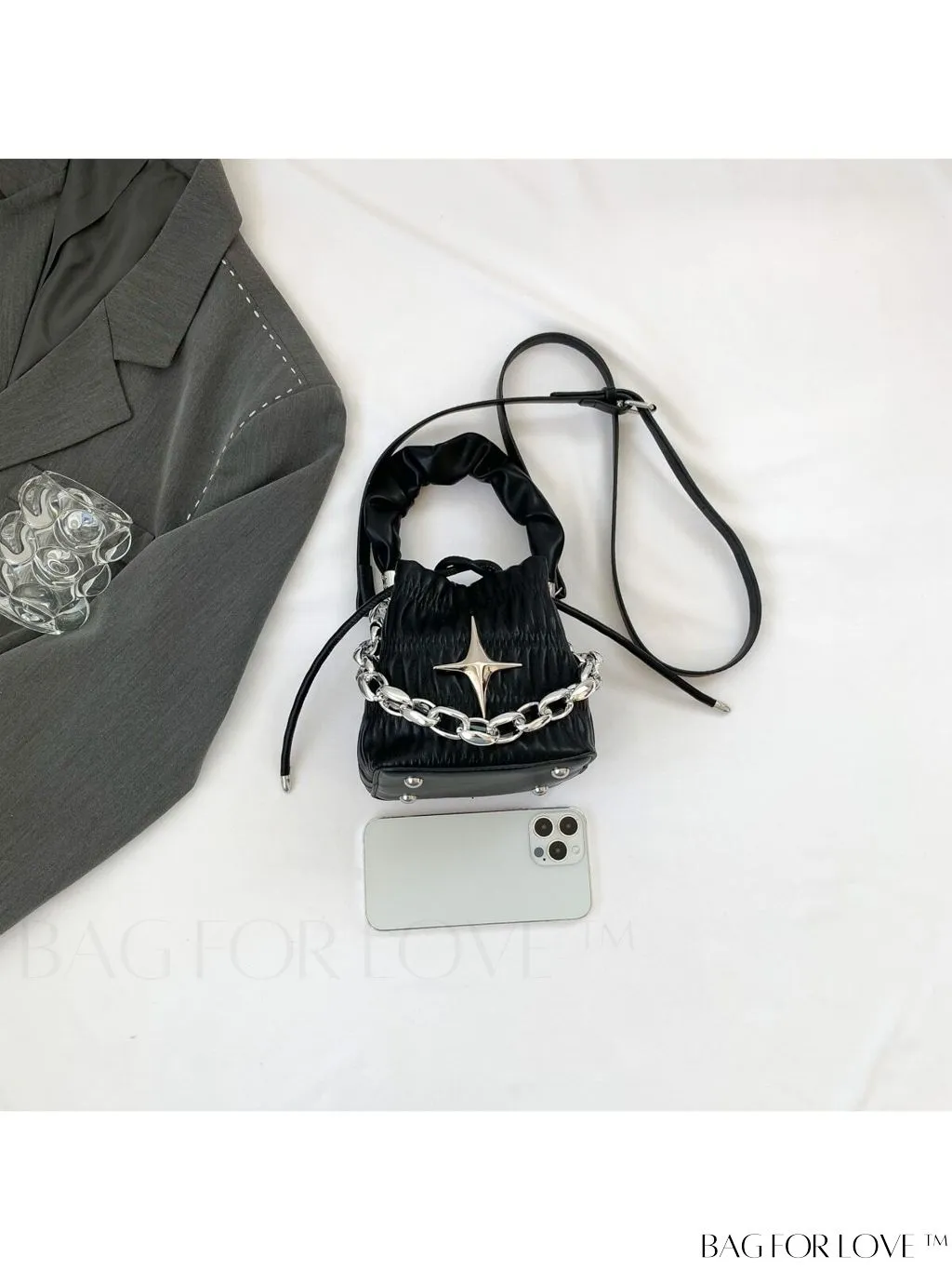 BagForLove - Chic and Sleek Golden Bucket Bag with Pleats, Drawstring, and Metallic Decor Chain