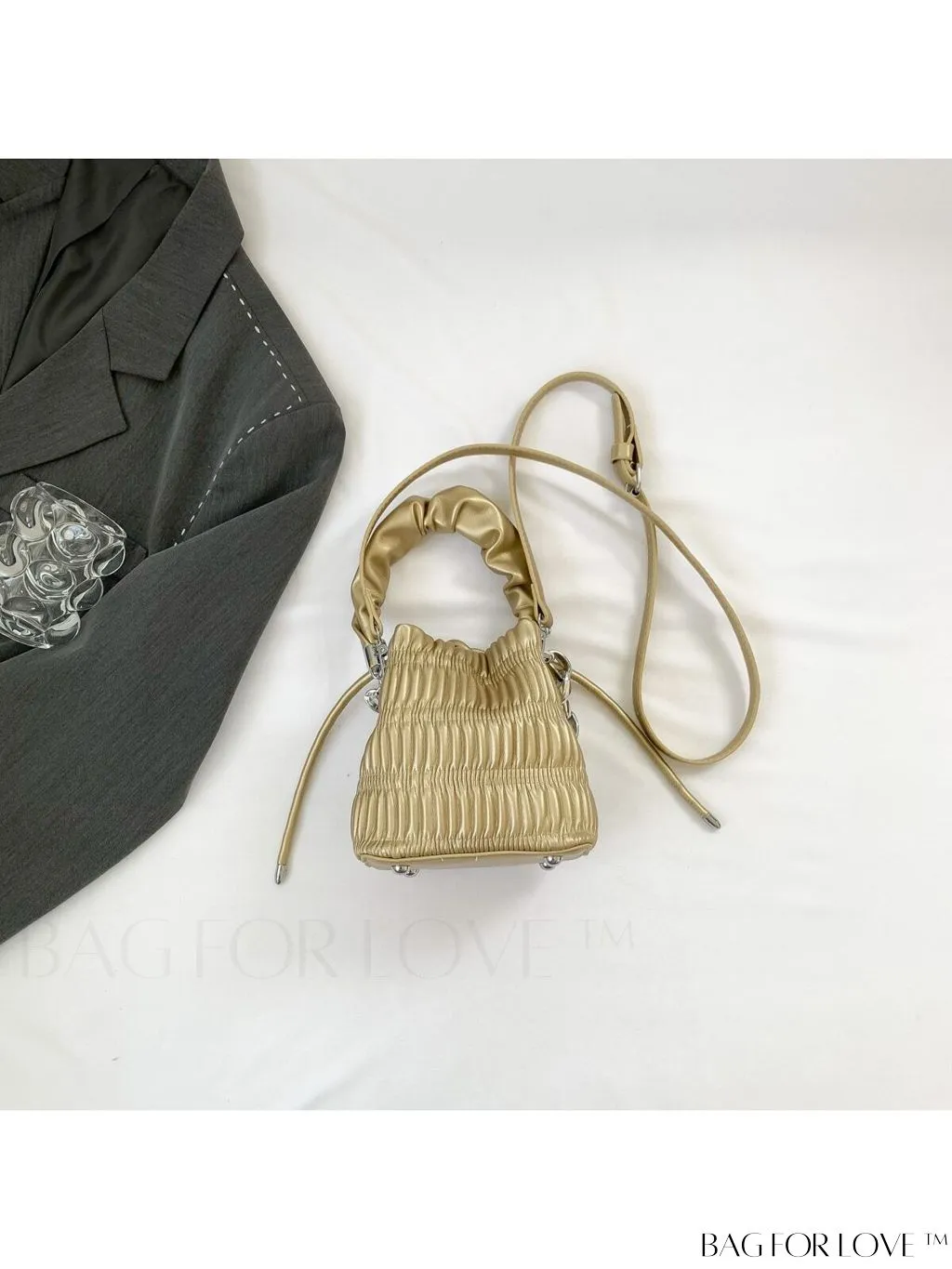 BagForLove - Chic and Sleek Golden Bucket Bag with Pleats, Drawstring, and Metallic Decor Chain