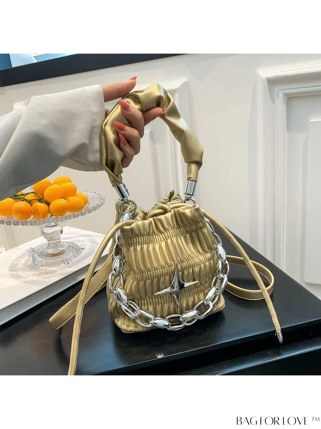 BagForLove - Chic and Sleek Golden Bucket Bag with Pleats, Drawstring, and Metallic Decor Chain