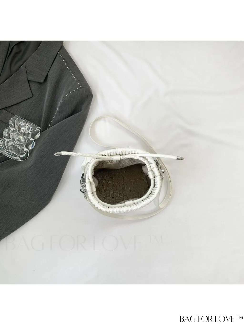 BagForLove - Chic and Sleek Golden Bucket Bag with Pleats, Drawstring, and Metallic Decor Chain