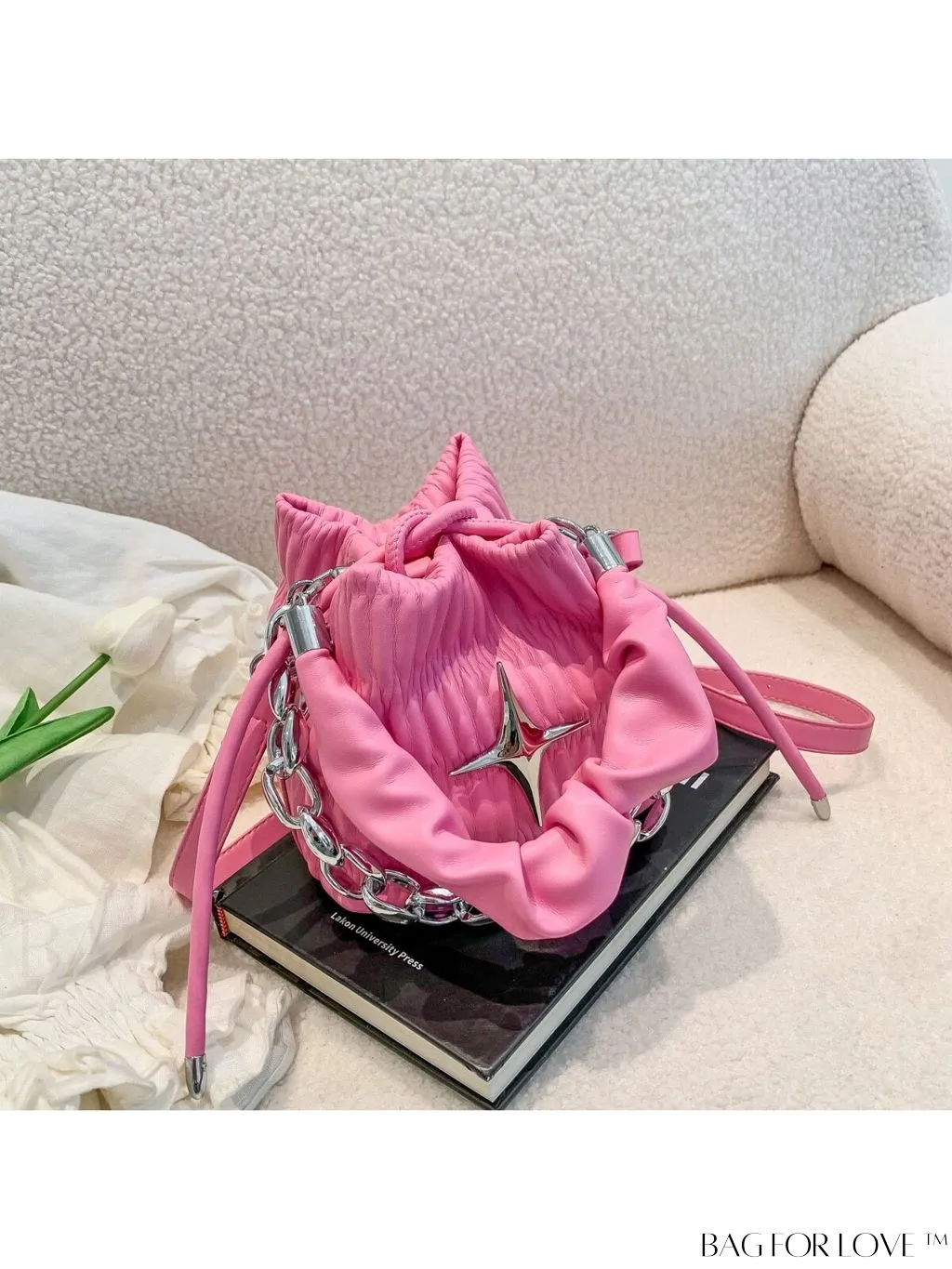 BagForLove - Chic and Sleek Golden Bucket Bag with Pleats, Drawstring, and Metallic Decor Chain