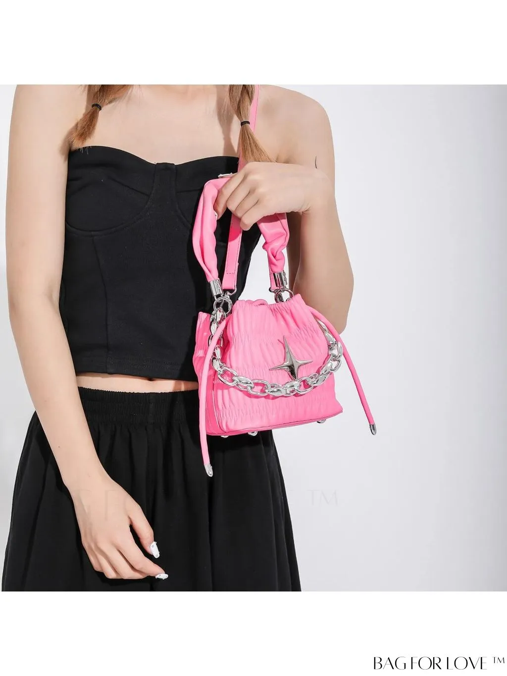 BagForLove - Chic and Sleek Golden Bucket Bag with Pleats, Drawstring, and Metallic Decor Chain