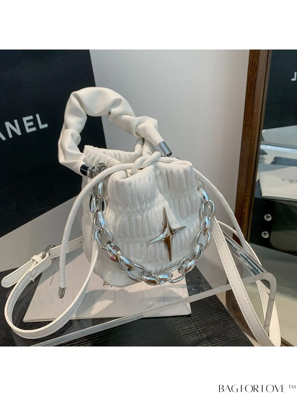 BagForLove - Chic and Sleek Golden Bucket Bag with Pleats, Drawstring, and Metallic Decor Chain