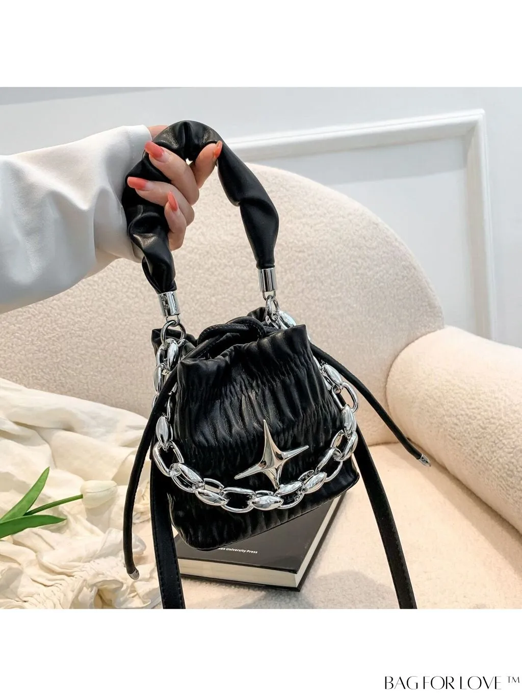 BagForLove - Chic and Sleek Golden Bucket Bag with Pleats, Drawstring, and Metallic Decor Chain