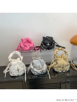 BagForLove - Chic and Sleek Golden Bucket Bag with Pleats, Drawstring, and Metallic Decor Chain