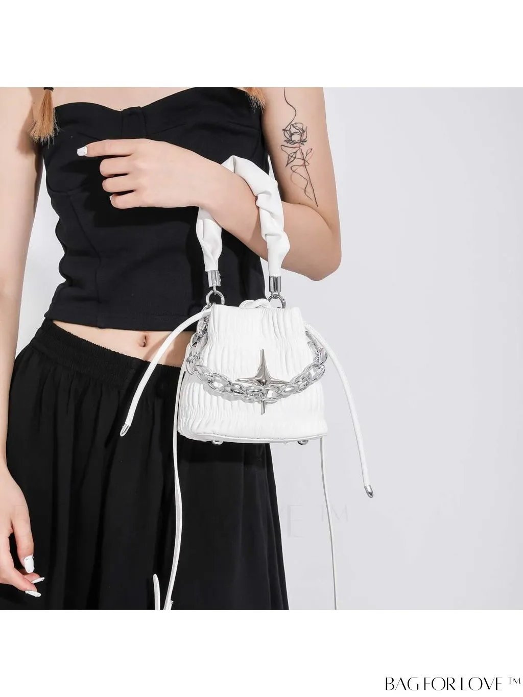 BagForLove - Chic and Sleek Golden Bucket Bag with Pleats, Drawstring, and Metallic Decor Chain