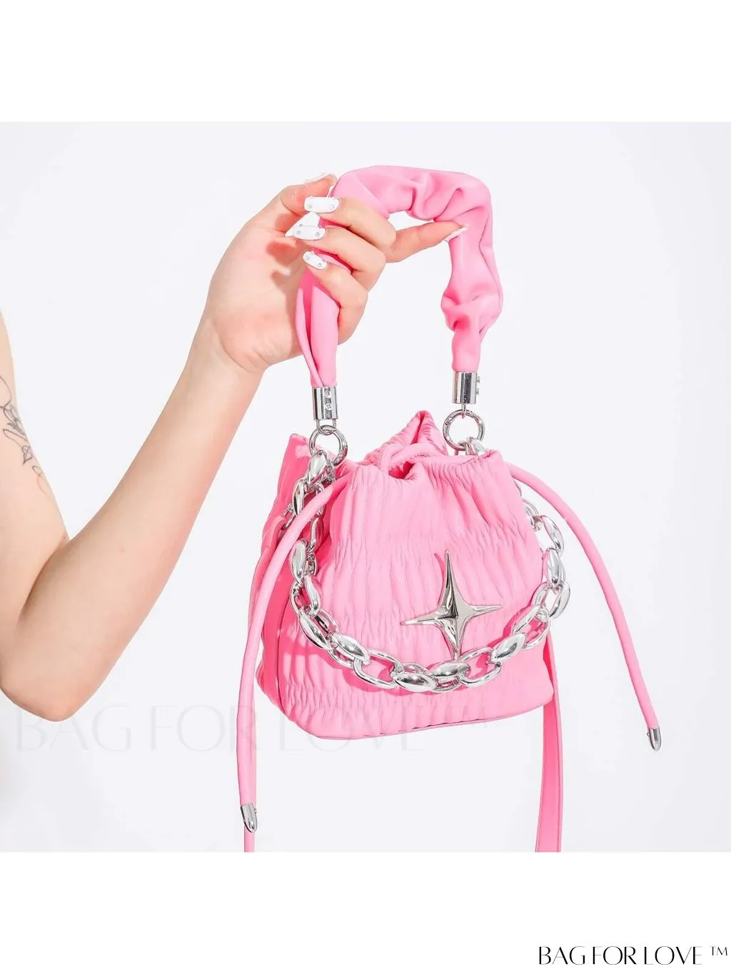 BagForLove - Chic and Sleek Golden Bucket Bag with Pleats, Drawstring, and Metallic Decor Chain
