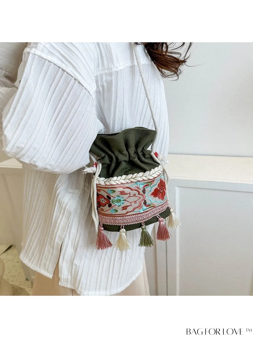 BagForLove - Chic Vintage Embroidered Bucket Bag with Tassel Accent - Crossbody for Sophisticated Women