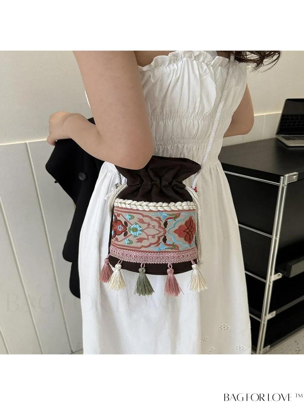 BagForLove - Chic Vintage Embroidered Bucket Bag with Tassel Accent - Crossbody for Sophisticated Women