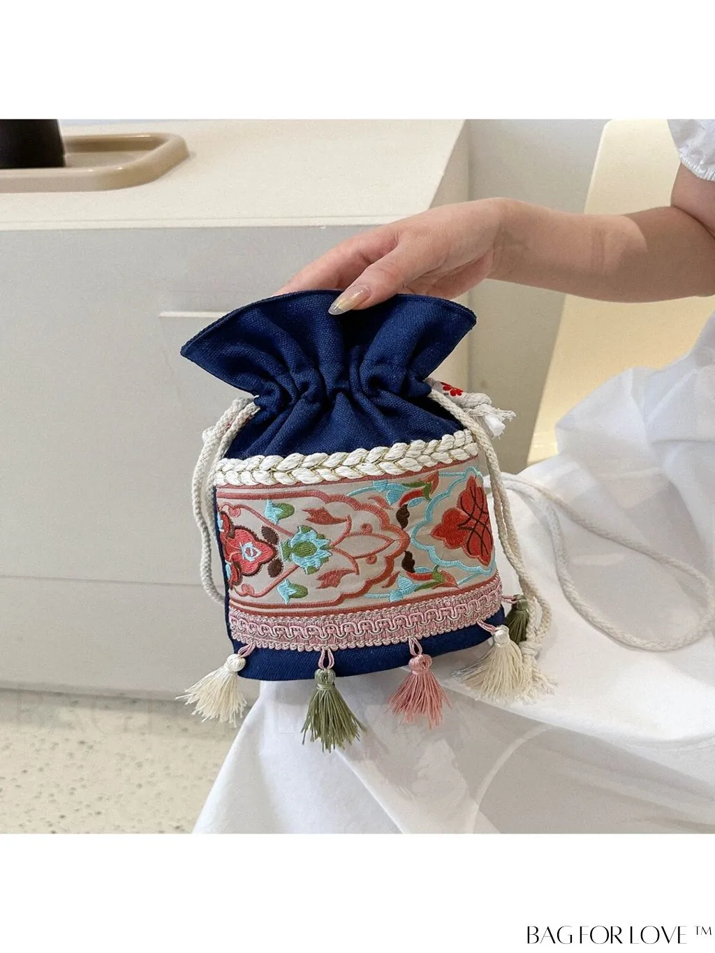 BagForLove - Chic Vintage Embroidered Bucket Bag with Tassel Accent - Crossbody for Sophisticated Women