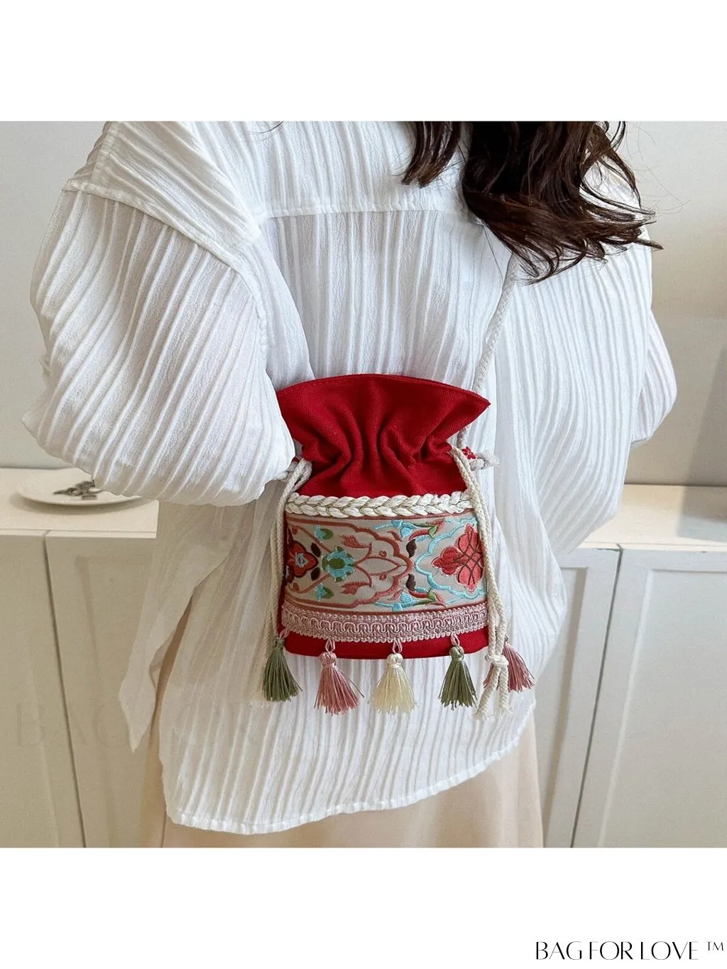 BagForLove - Chic Vintage Embroidered Bucket Bag with Tassel Accent - Crossbody for Sophisticated Women