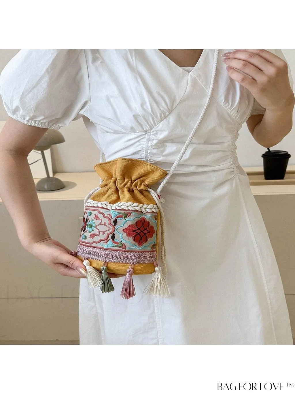 BagForLove - Chic Vintage Embroidered Bucket Bag with Tassel Accent - Crossbody for Sophisticated Women