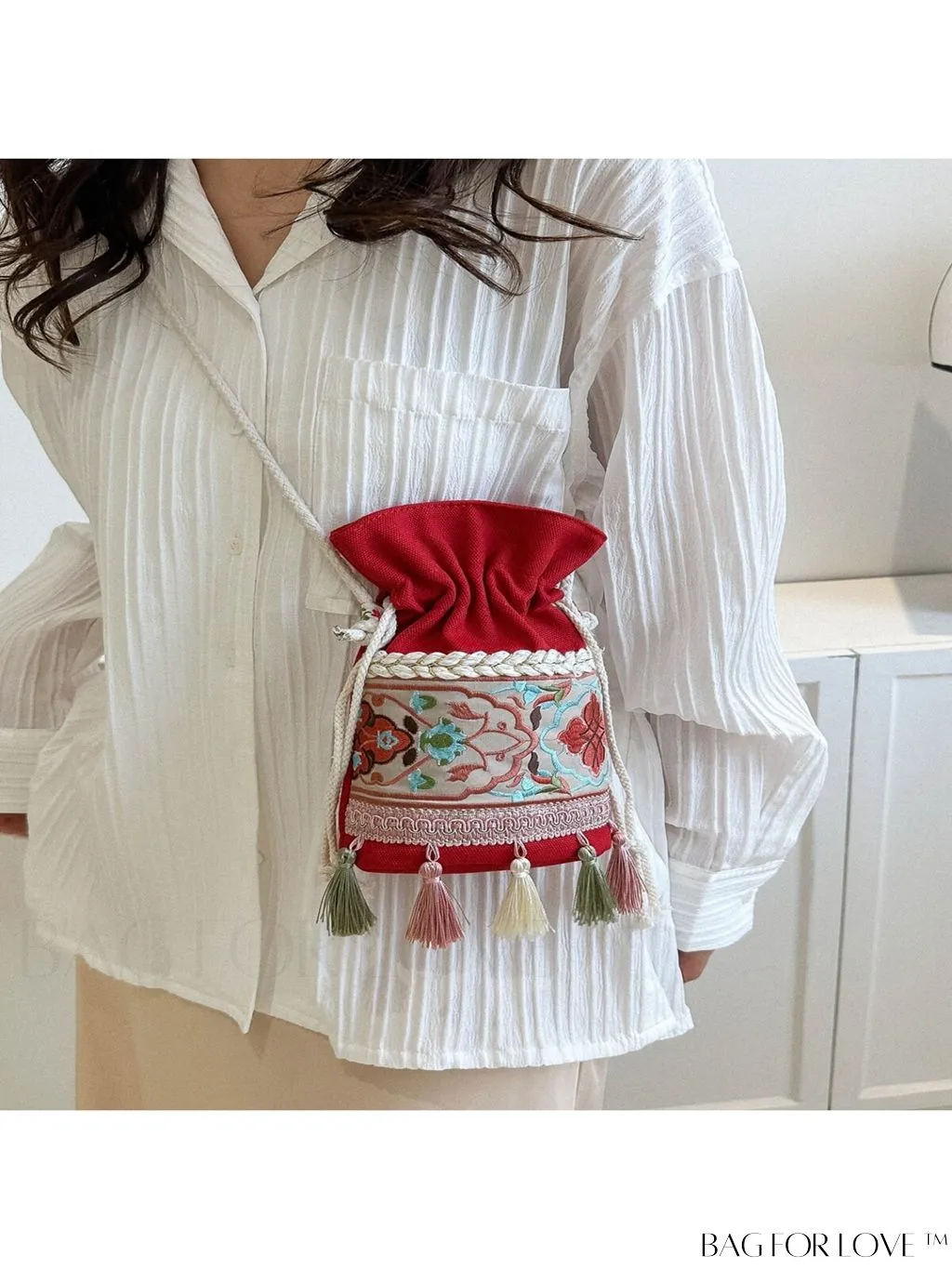 BagForLove - Chic Vintage Embroidered Bucket Bag with Tassel Accent - Crossbody for Sophisticated Women