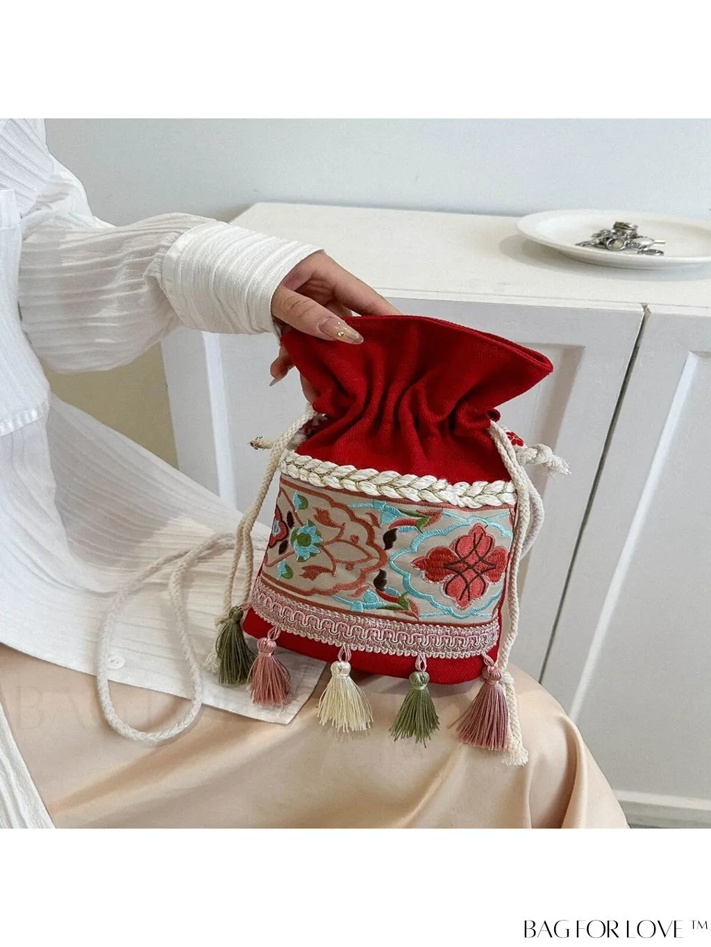 BagForLove - Chic Vintage Embroidered Bucket Bag with Tassel Accent - Crossbody for Sophisticated Women