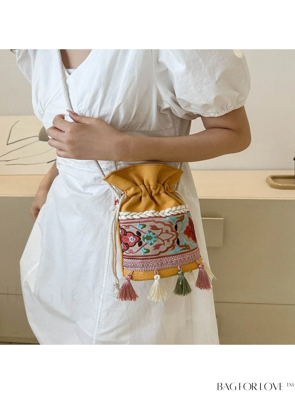 BagForLove - Chic Vintage Embroidered Bucket Bag with Tassel Accent - Crossbody for Sophisticated Women