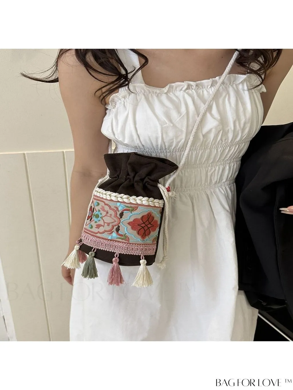 BagForLove - Chic Vintage Embroidered Bucket Bag with Tassel Accent - Crossbody for Sophisticated Women