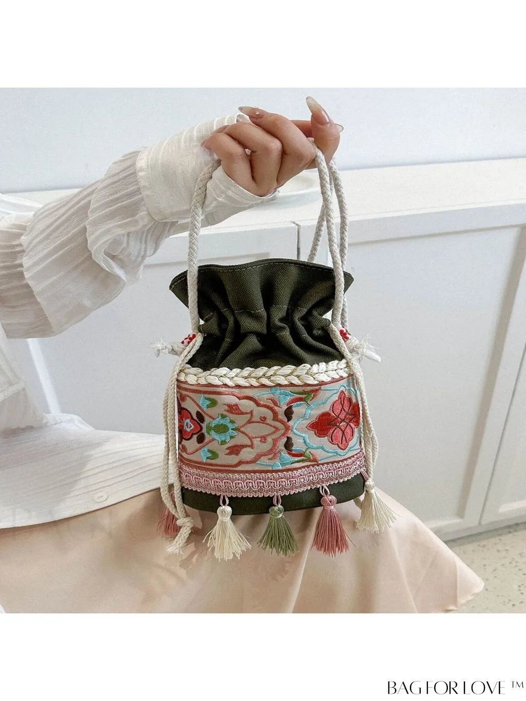 BagForLove - Chic Vintage Embroidered Bucket Bag with Tassel Accent - Crossbody for Sophisticated Women