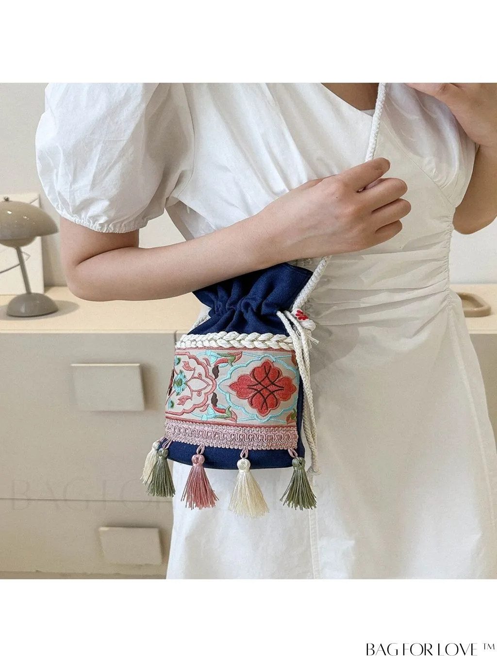 BagForLove - Chic Vintage Embroidered Bucket Bag with Tassel Accent - Crossbody for Sophisticated Women