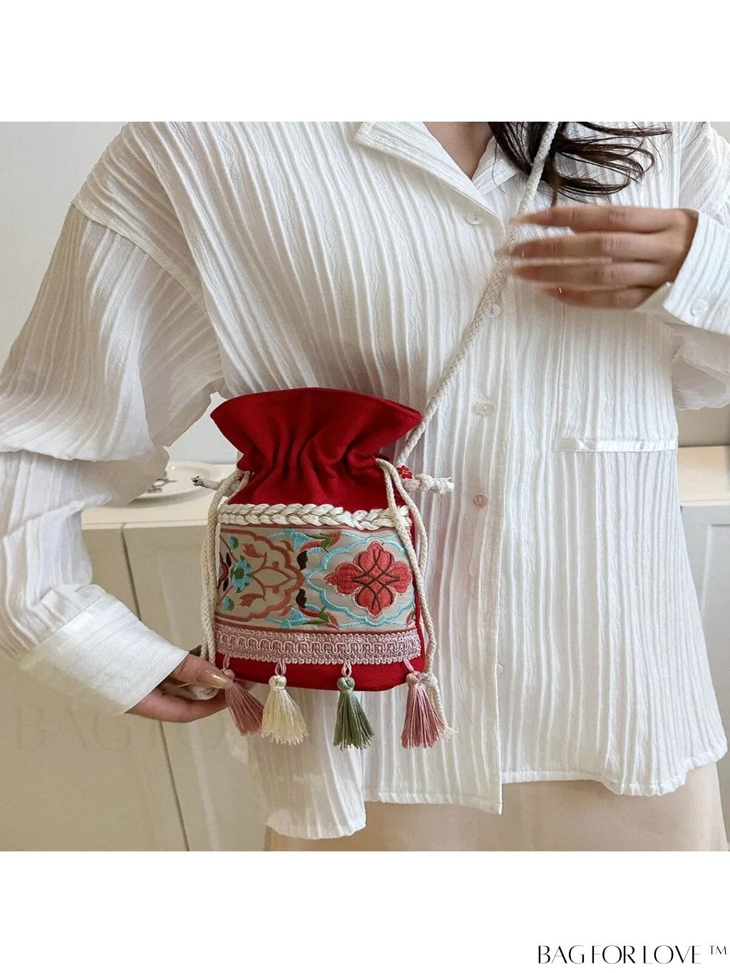 BagForLove - Chic Vintage Embroidered Bucket Bag with Tassel Accent - Crossbody for Sophisticated Women