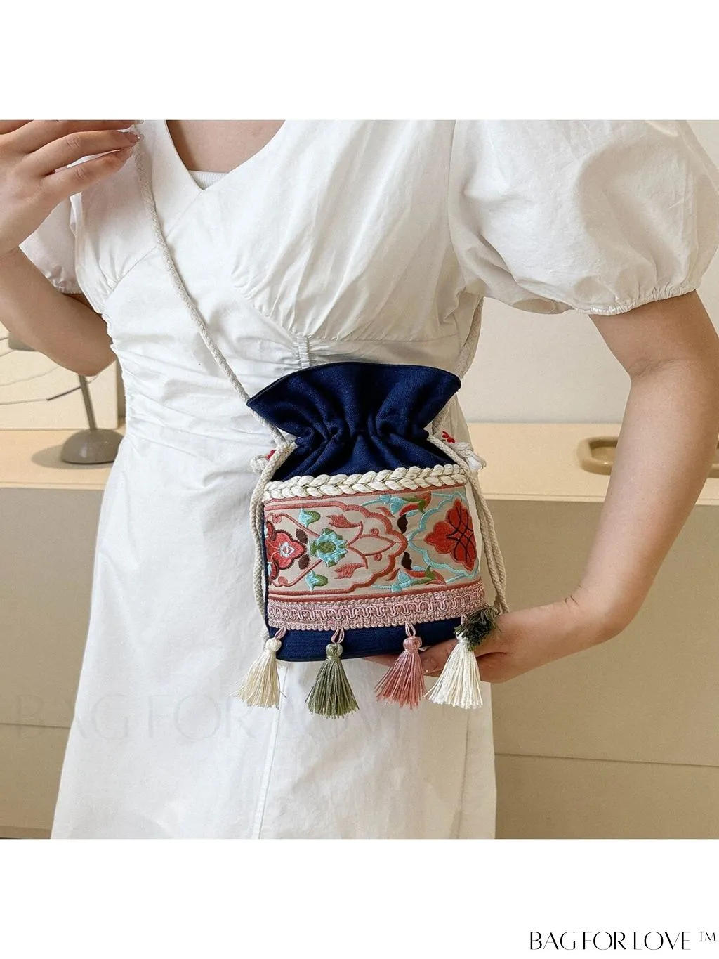 BagForLove - Chic Vintage Embroidered Bucket Bag with Tassel Accent - Crossbody for Sophisticated Women