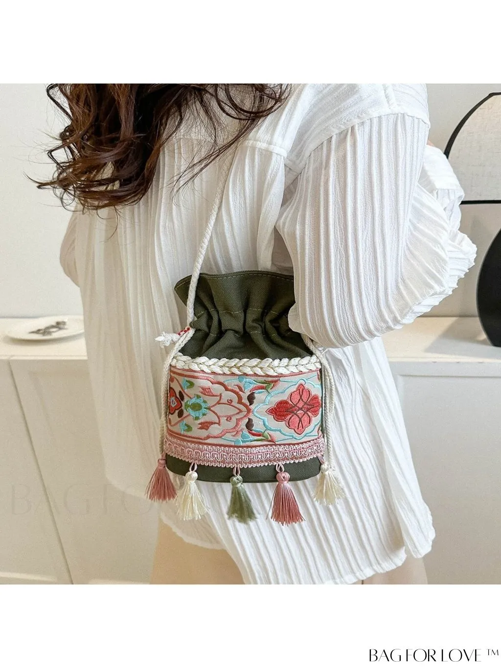 BagForLove - Chic Vintage Embroidered Bucket Bag with Tassel Accent - Crossbody for Sophisticated Women