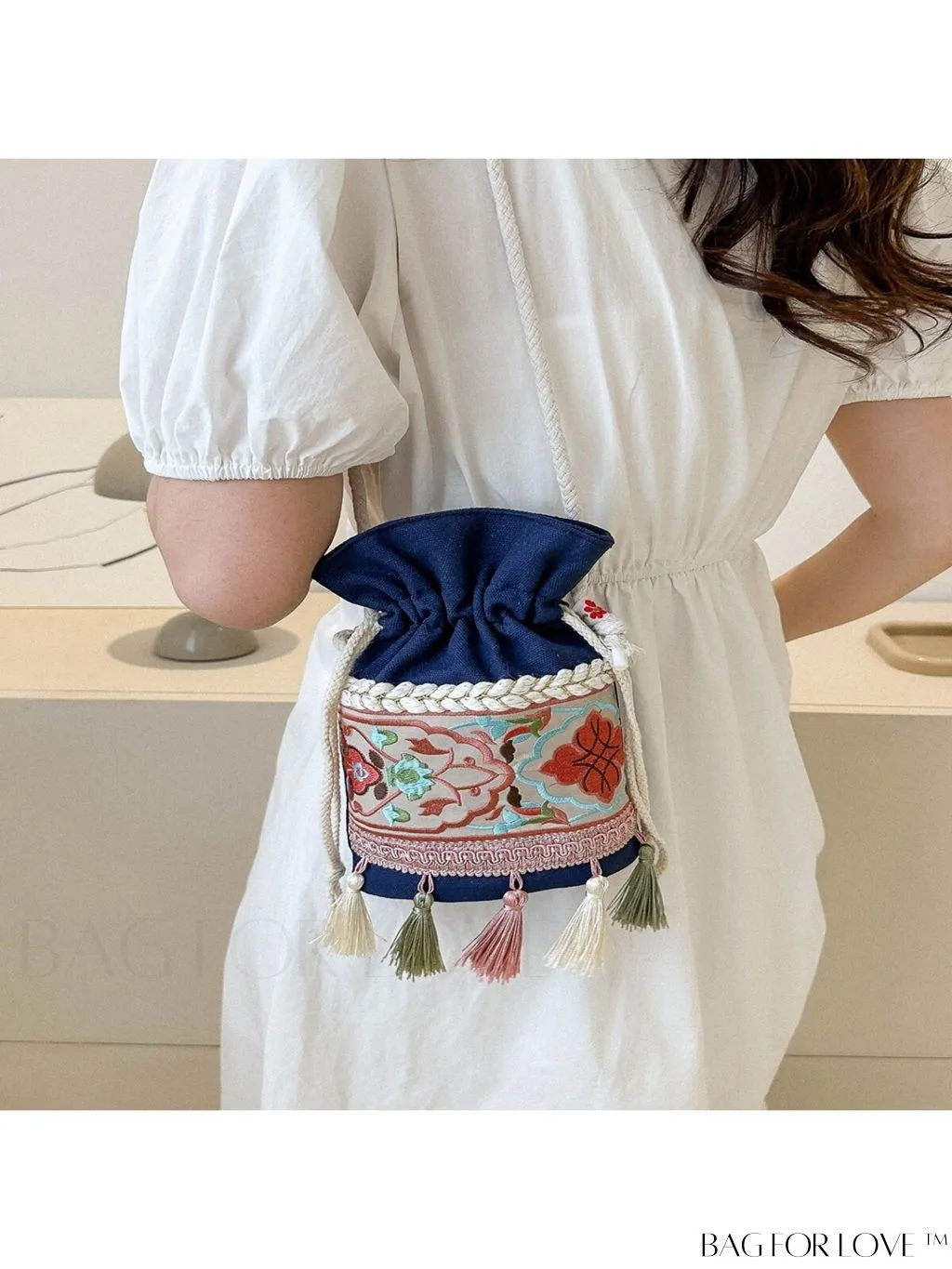 BagForLove - Chic Vintage Embroidered Bucket Bag with Tassel Accent - Crossbody for Sophisticated Women
