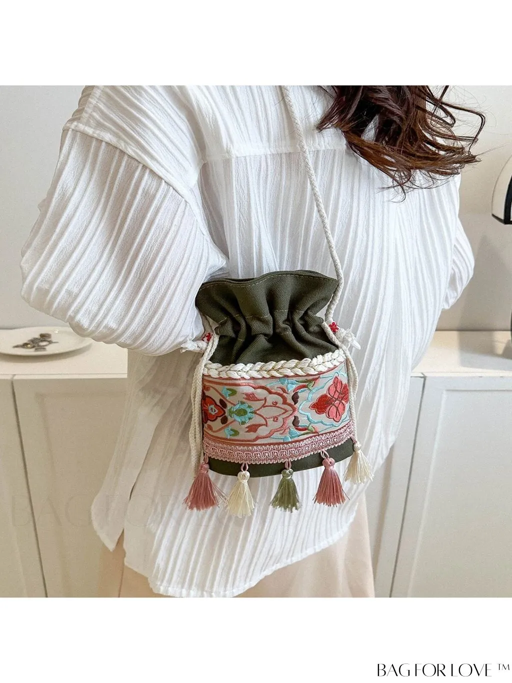 BagForLove - Chic Vintage Embroidered Bucket Bag with Tassel Accent - Crossbody for Sophisticated Women