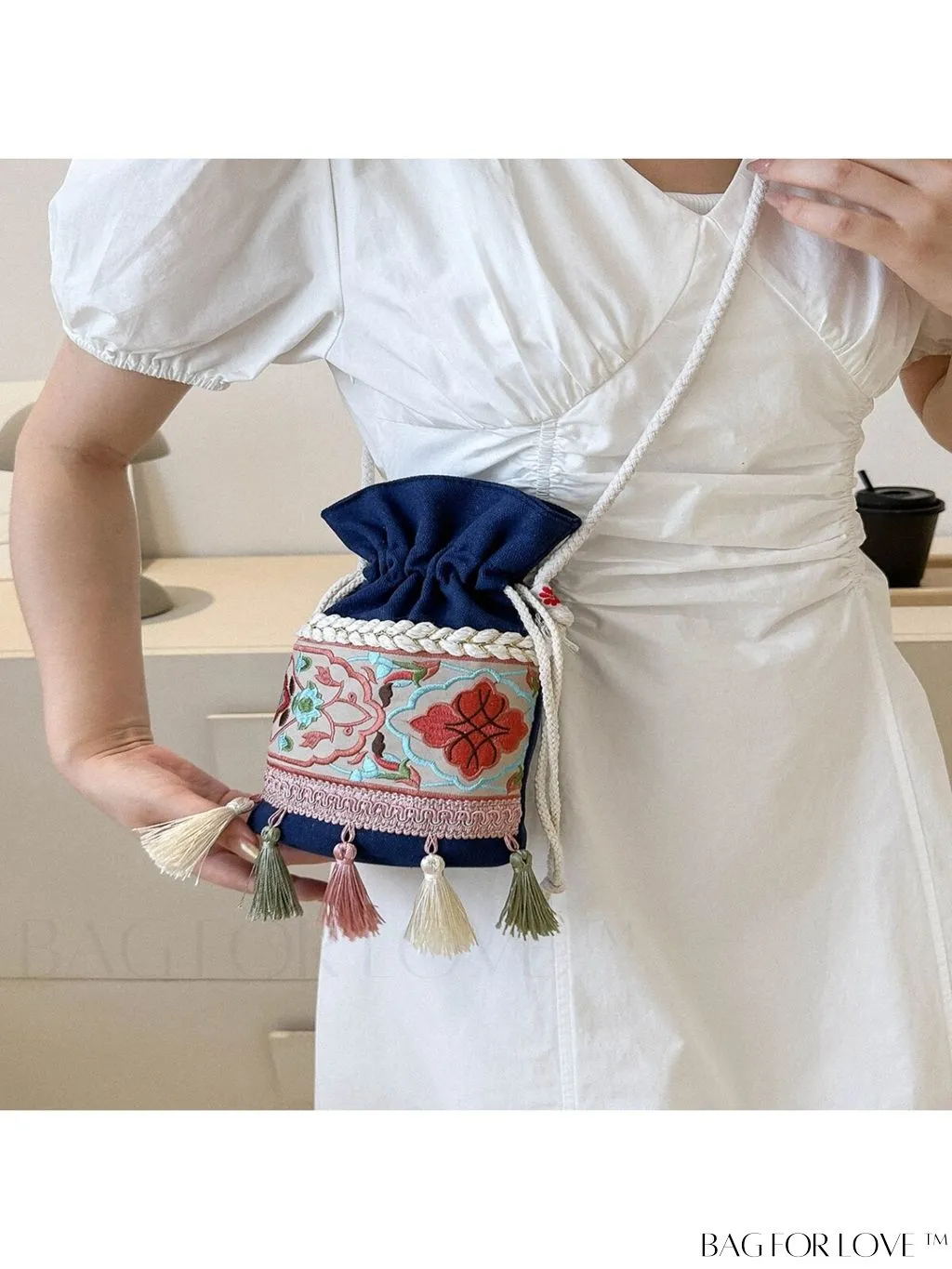 BagForLove - Chic Vintage Embroidered Bucket Bag with Tassel Accent - Crossbody for Sophisticated Women