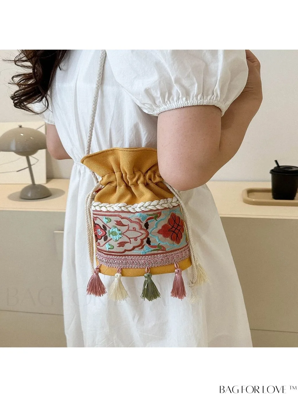 BagForLove - Chic Vintage Embroidered Bucket Bag with Tassel Accent - Crossbody for Sophisticated Women