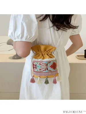 BagForLove - Chic Vintage Embroidered Bucket Bag with Tassel Accent - Crossbody for Sophisticated Women