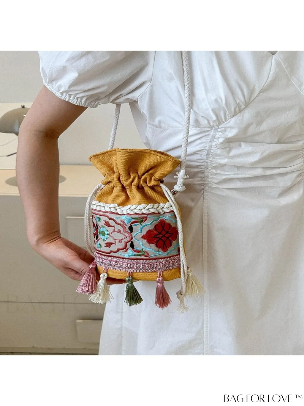 BagForLove - Chic Vintage Embroidered Bucket Bag with Tassel Accent - Crossbody for Sophisticated Women