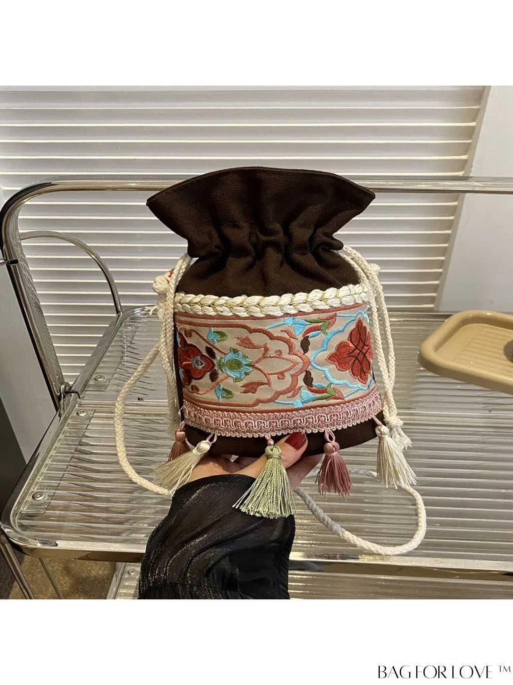 BagForLove - Chic Vintage Embroidered Bucket Bag with Tassel Accent - Crossbody for Sophisticated Women