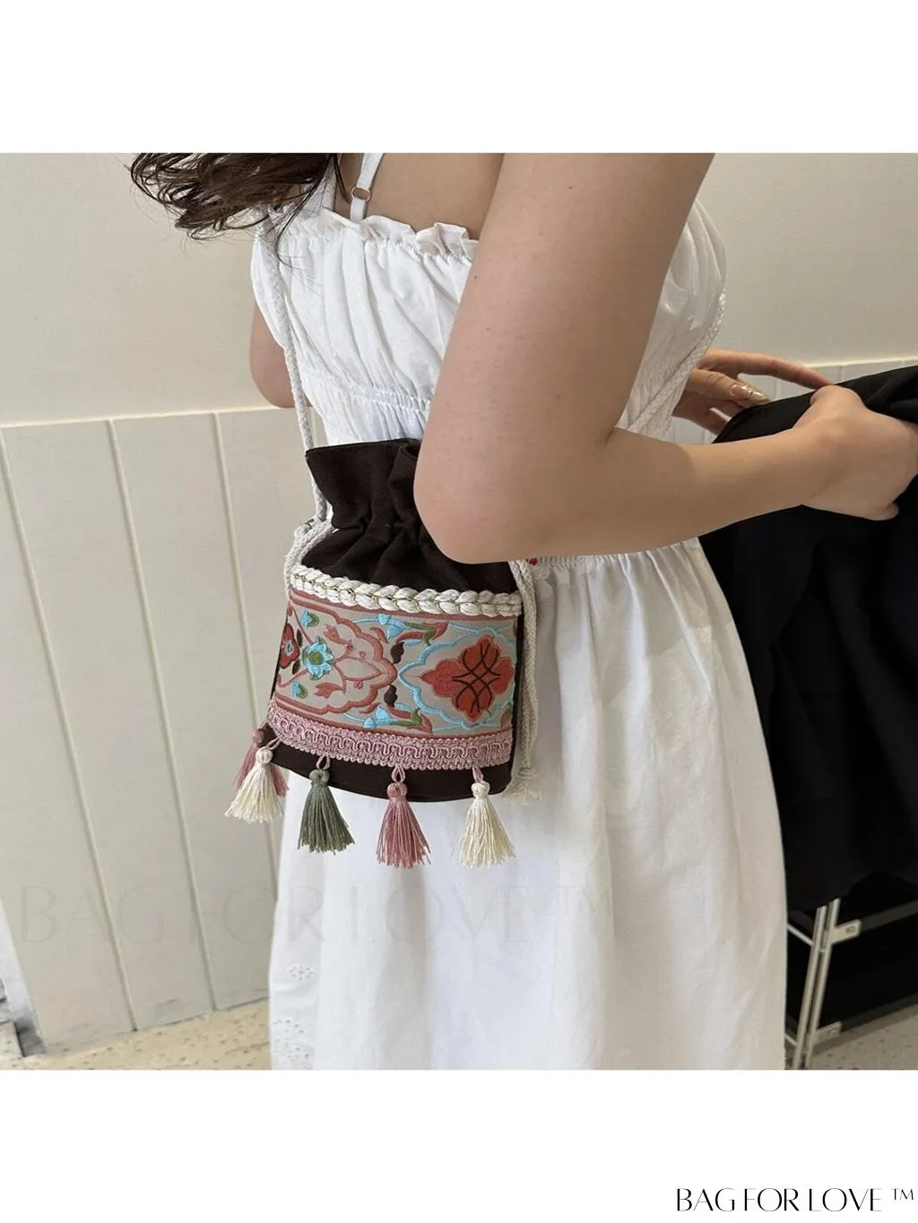 BagForLove - Chic Vintage Embroidered Bucket Bag with Tassel Accent - Crossbody for Sophisticated Women