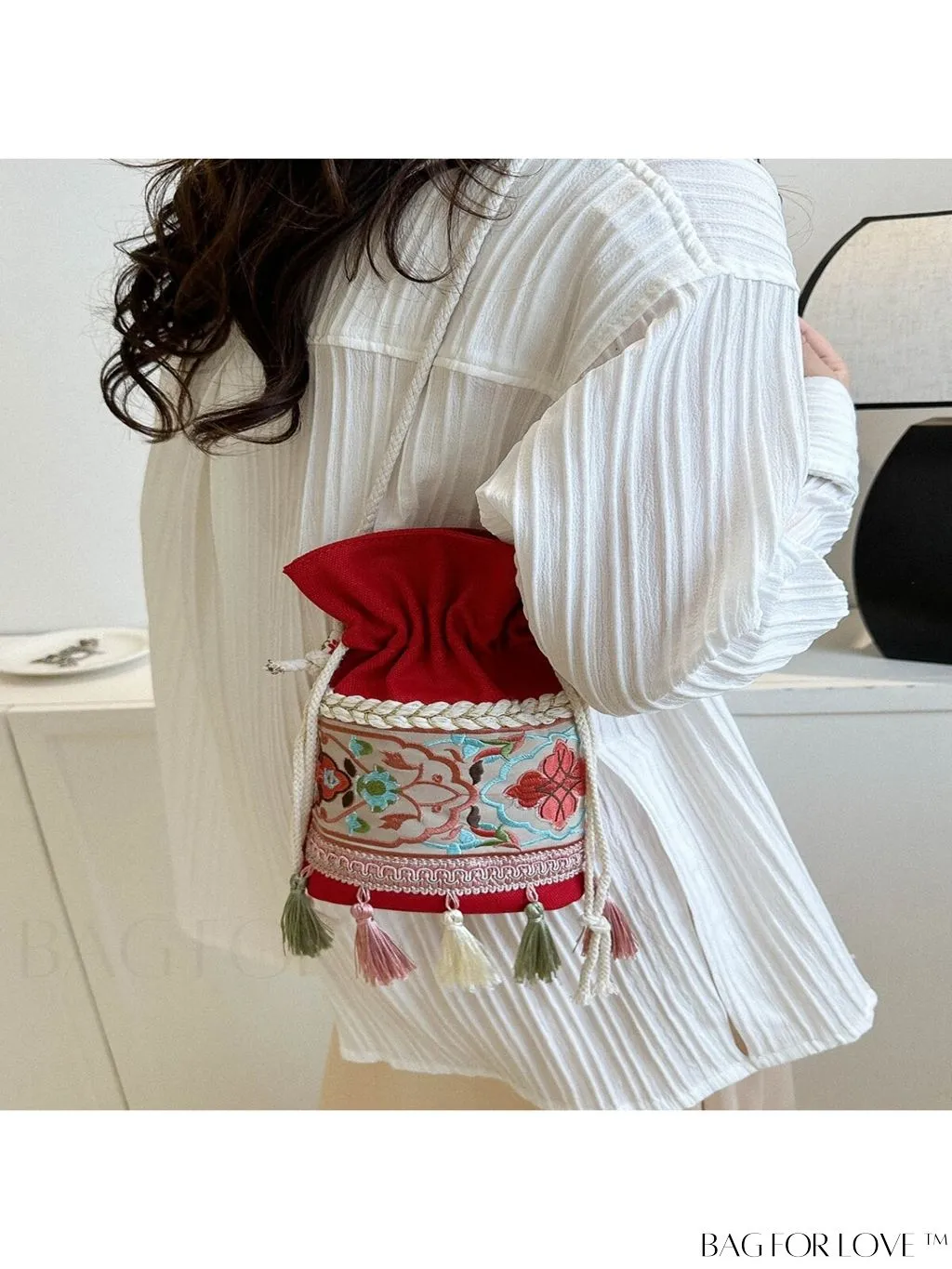 BagForLove - Chic Vintage Embroidered Bucket Bag with Tassel Accent - Crossbody for Sophisticated Women