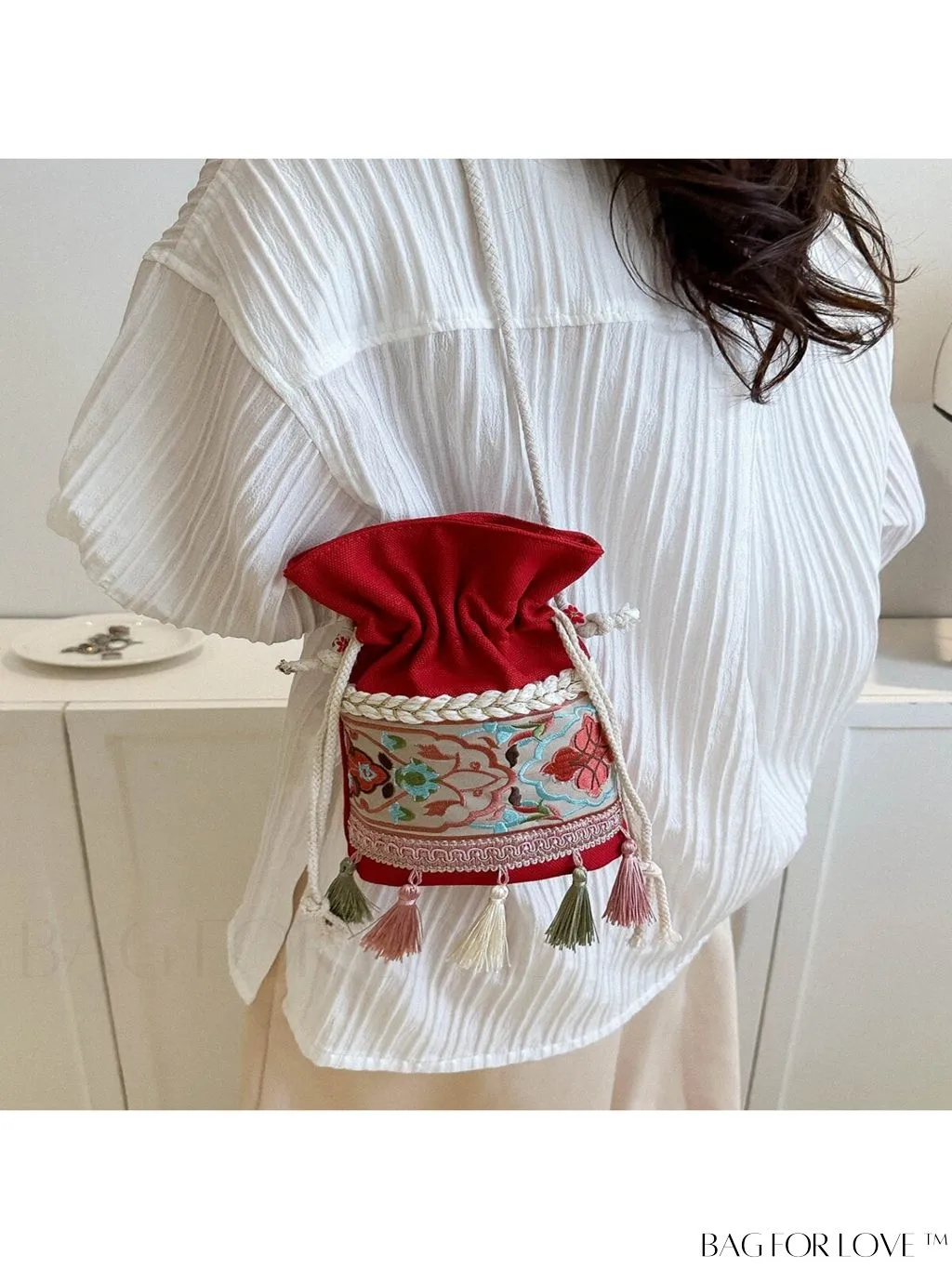 BagForLove - Chic Vintage Embroidered Bucket Bag with Tassel Accent - Crossbody for Sophisticated Women
