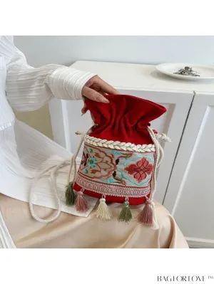 BagForLove - Chic Vintage Floral Bucket Bag - Embroidered Flower Decor, Drawstring Design, Crossbody Style