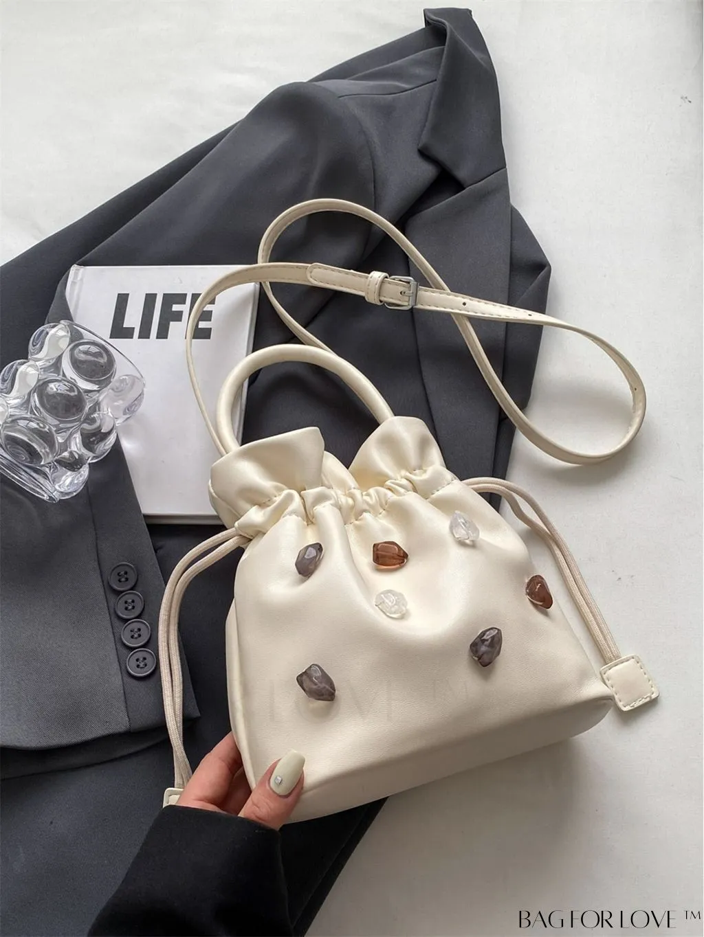 BagForLove - Compact Beige Handheld Shoulder Bag with Drawstring Closure - Stylish and Functional